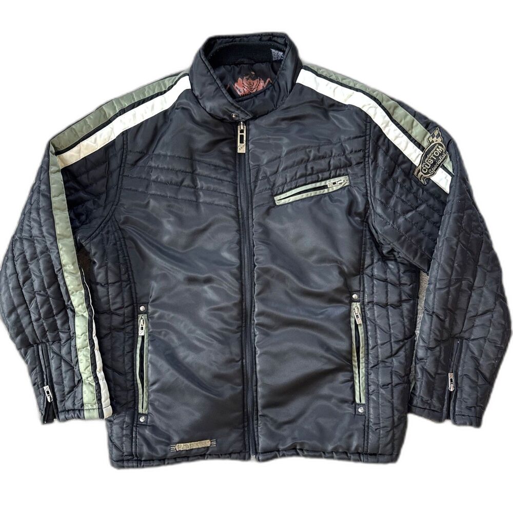 Point Zero Moto Jacket Men Large Black Racing Stripes Biker Streetwear Y2K Gorp